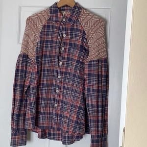 Plaid blouse with knit shoulders and back yoke.